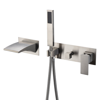 Wall Mount Tub Filler Brushed Nickel with Waterfall Tub Spout and Handheld Shower