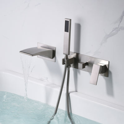 Wall Mount Tub Filler Brushed Nickel with Waterfall Tub Spout and Handheld Shower