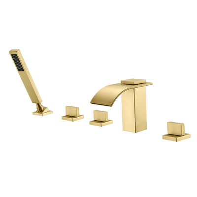 Conjunto de torneira para banheira romana montada em deck de ouro escovado, bico cascata de cinco furos com chuveiro de mão