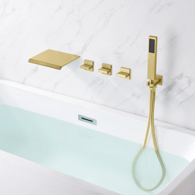 Grifo para bañera montado en la pared con rociador con válvula áspera, acabado en oro cepillado