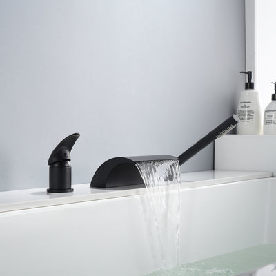Grifo para bañera romano negro con ducha de mano, caño en cascada de alto flujo con desviador, montaje en cubierta