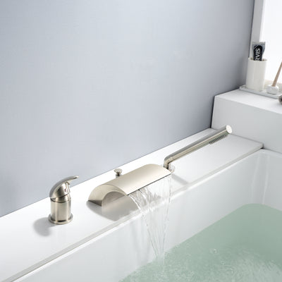 Grifo para bañera con desviador de montaje en cubierta de 3 orificios con ducha de mano y caño en cascada, níquel cepillado