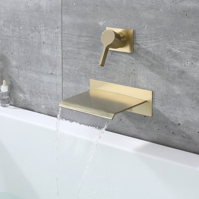 Sumerain grifo de llenado de bañera de montaje en pared en cascada de oro cepillado con válvula, alto caudal