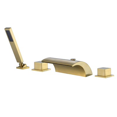 Deck Mount Diverter Tub Faucet,High Flow Waterfall Tub Spout with Hand Shower Brushed Gold Finish