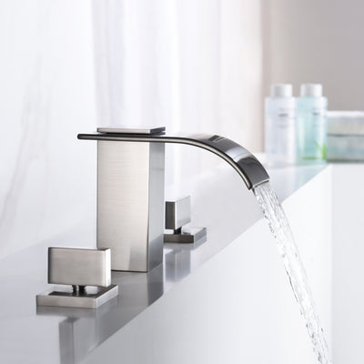 3 Hole Deck Mount Roman Tub Faucet with High Flow Waterfall Spout,Brushed Nickel