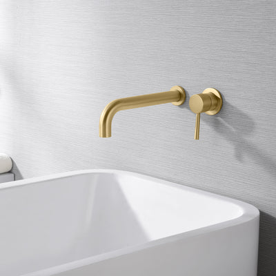 Grifo para bañera de montaje en pared de oro cepillado de alto flujo con boquilla extra larga, válvula incluida