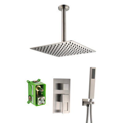 Système de douche à effet de pluie en nickel brossé, robinet de douche de plafond avec valve brute et personnalisé acceptable