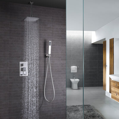 Système de douche à effet de pluie en nickel brossé, robinet de douche de plafond avec valve brute et personnalisé acceptable