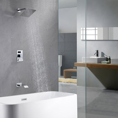 Sistema de torneira de chuveiro para banheira com bico de banheira em cascata e válvula de equilíbrio de pressão anti-escaldante, acabamento cromado