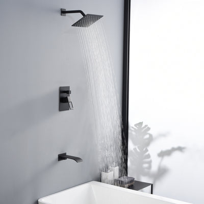Schwarzes Wannen- und Duscharmaturen-Set mit Wasserfall-Wannenauslauf und Verbrühungsschutzventil