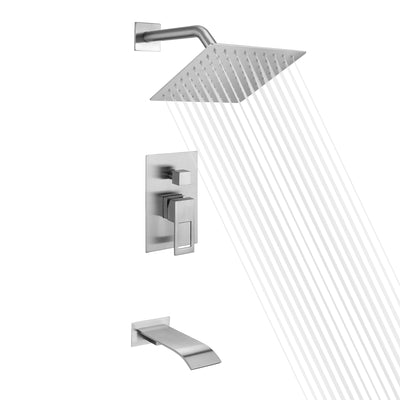 Set di rubinetti per vasca e doccia in nichel spazzolato con beccuccio per vasca a cascata e valvola di bilanciamento della pressione inclusa