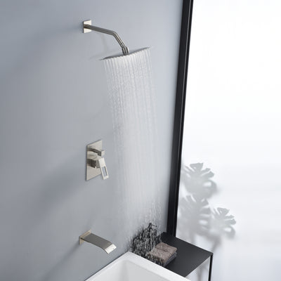 Ensemble de robinet de baignoire et de douche en nickel brossé avec bec de baignoire cascade et valve d'équilibrage de pression incluse
