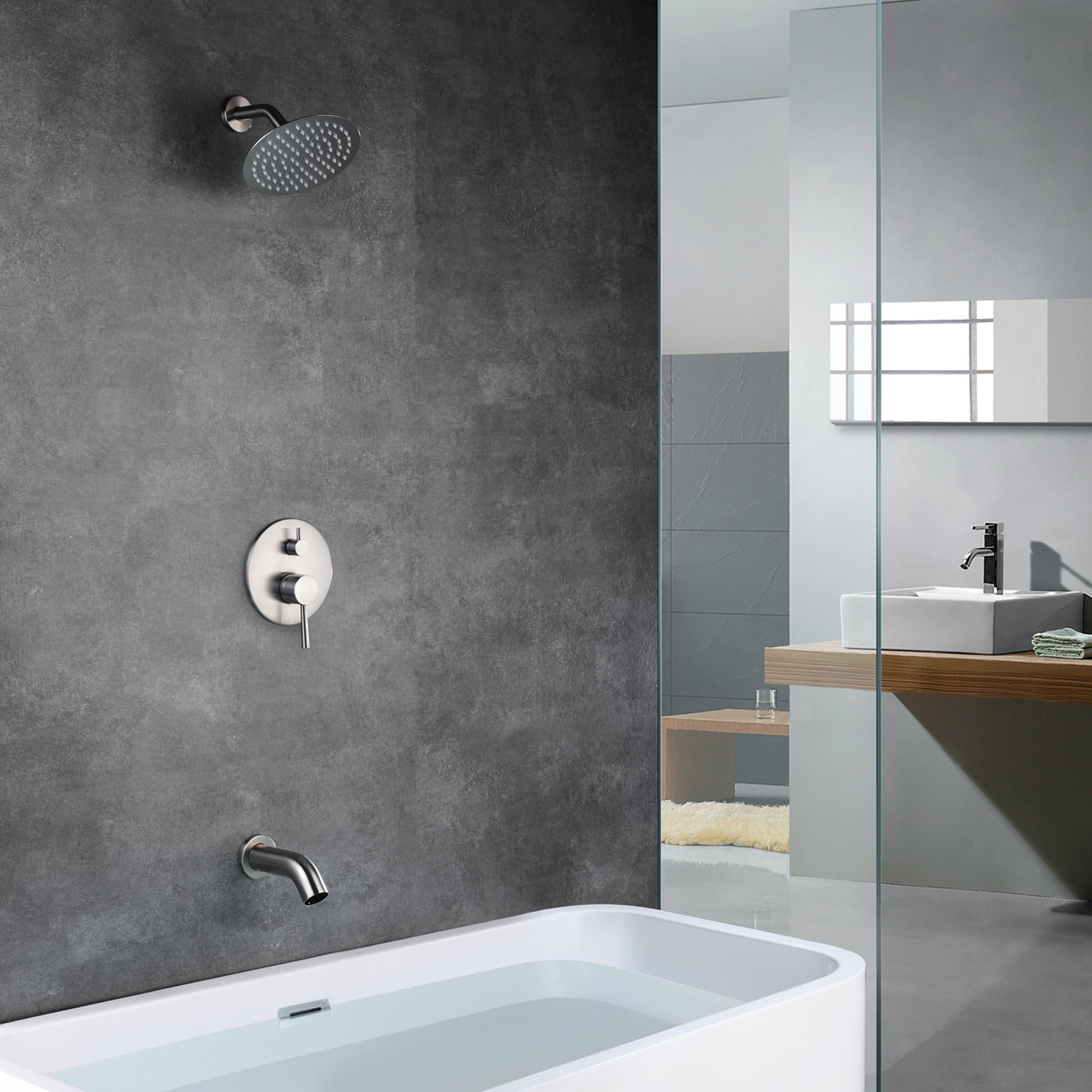 Brushed Nickel Tub and Shower Faucet Set with Waterfall Tub Spout