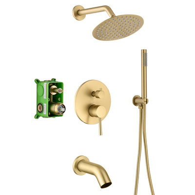 Sistema doccia in oro spazzolato con bocca vasca e doccetta, valvola inclusa