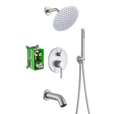 Sistema de ducha de níquel cepillado con boquilla tipo cascada, ducha tipo lluvia de 8 pulgadas y dispositivo de mano incluido