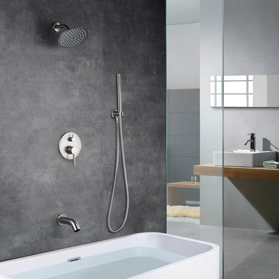 Sistema de ducha de níquel cepillado con boquilla tipo cascada, ducha tipo lluvia de 8 pulgadas y dispositivo de mano incluido