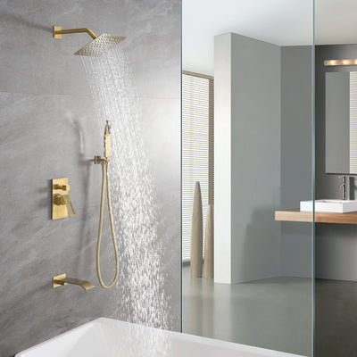 Banheira de ouro escovado e sistema de chuveiro com bico de banheira em cascata, válvula de equilíbrio de pressão