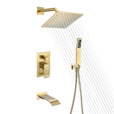 Sistema de ducha y bañera de oro cepillado con boquilla en cascada y válvula de equilibrio de presión