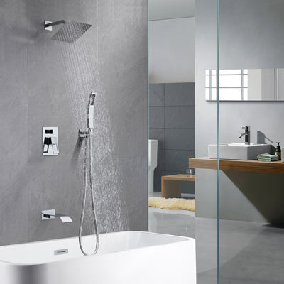 Set rubinetto doccia completo di bocca vasca a cascata, valvola di bilanciamento della pressione antiscottatura inclusa