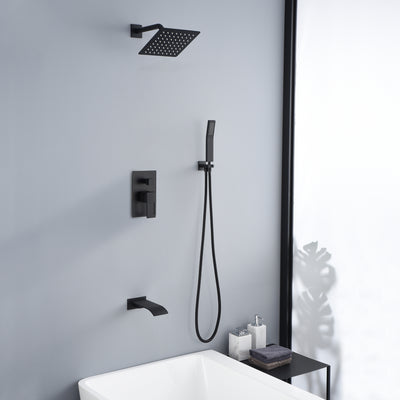 Sistema de ducha negro mate con caño para bañera en cascada, válvula de equilibrio de presión antiescaldado