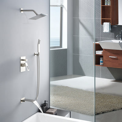 Sistema de ducha con bañera de níquel cepillado, grifo combinado con boquilla en cascada y válvula de equilibrio de presión