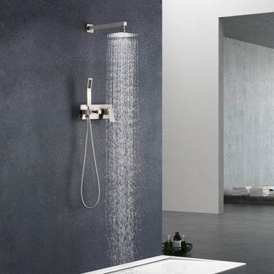 Système de douche à effet de pluie Sumerain, avec douchette à main et valve brute à pression équilibrée, nickel brossé