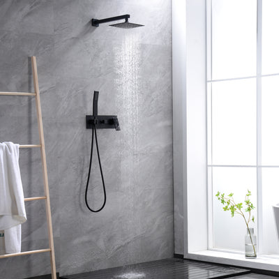 Sistema de ducha tipo lluvia Sumerain, color negro mate, con ducha de mano y válvula de equilibrio de presión