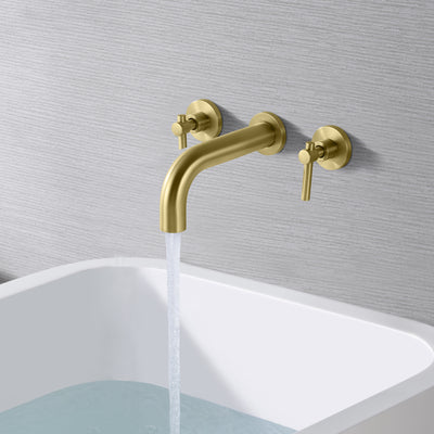 SUMERAIN Grifo para bañera de montaje en pared, grifo para bañera de oro cepillado, llenador de bañera de 3 orificios con válvula áspera