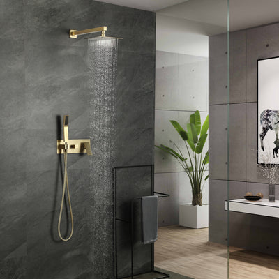 Brushed Gold Rain Shower System With Handheld Shower And Pressure Balancing Shower Mixer Valve